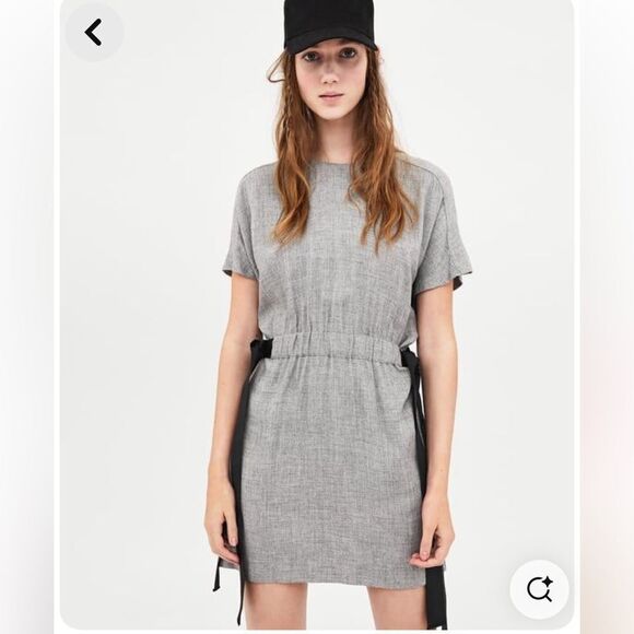 Zara TRF Gray Utility Mini Dress with Side Bow Detail Minimalist Streetwear - Picture 1 of 13
